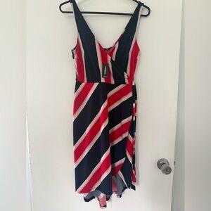 Express NWT Asymmetrical Wrap Red and Navy Striped Dress